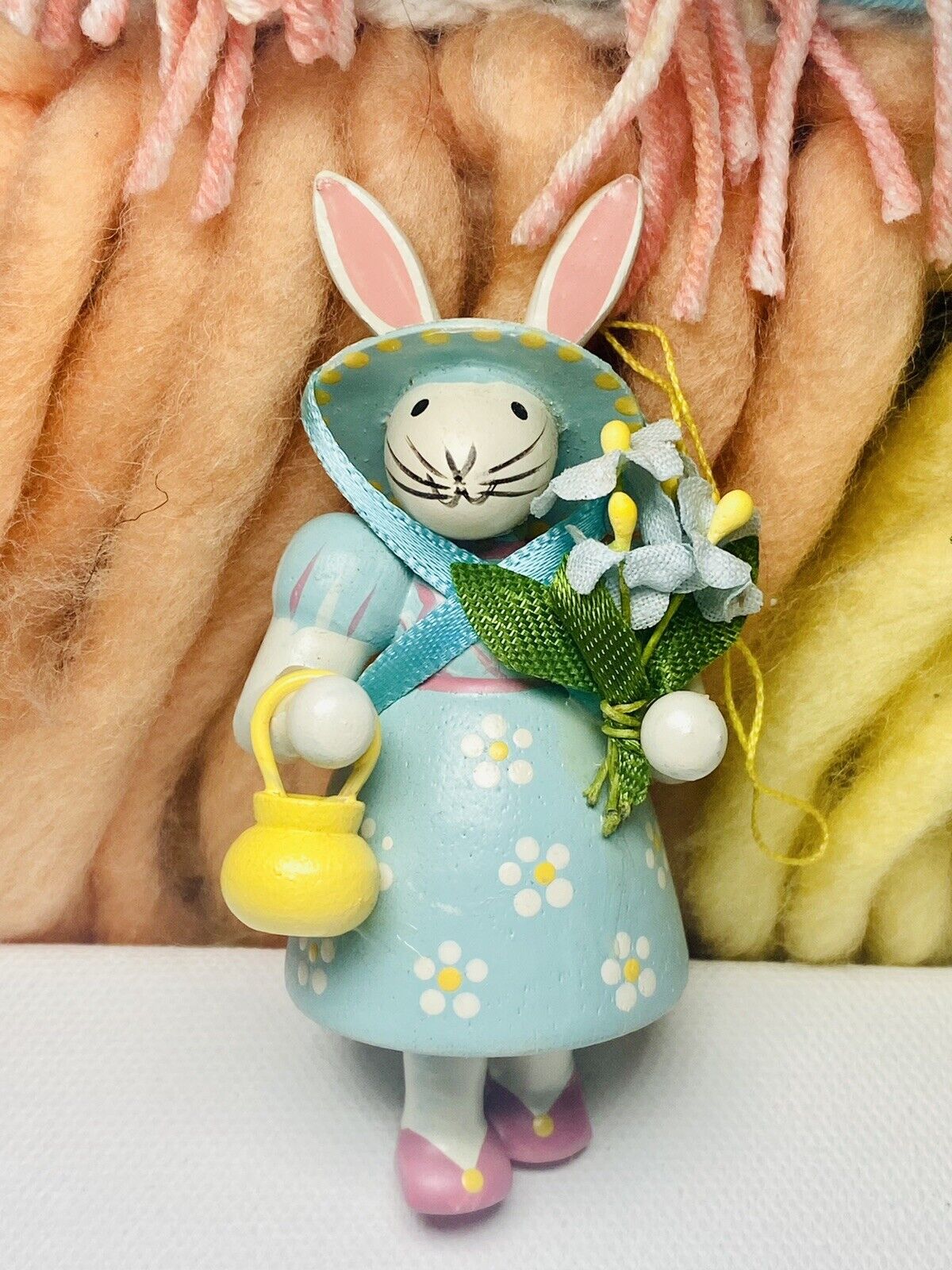 Vintage Erzgebirge Wood Bunny Rabbit On Bench Easter Ornament Germany