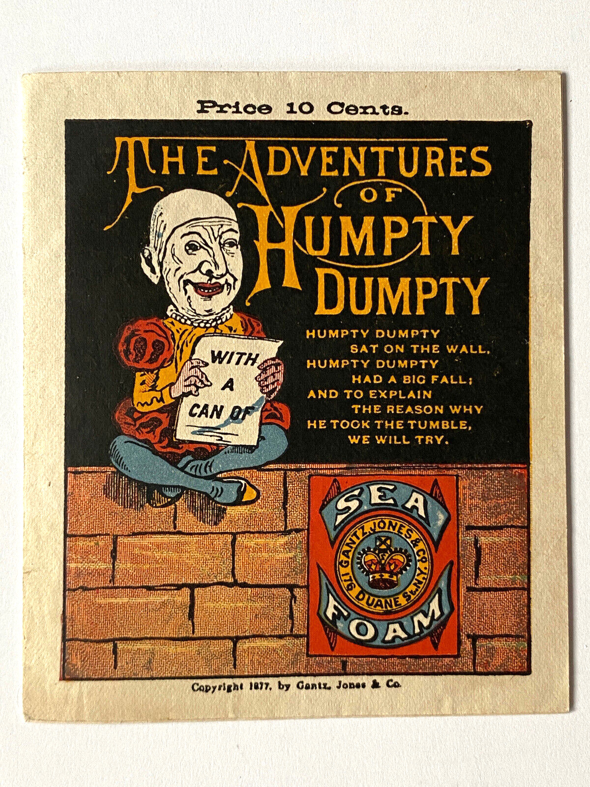 RARE 1877 TRADE CARD FOR SEA FOAM BAKING POWDER ADVENTURES OF HUMPTY DUMPTY