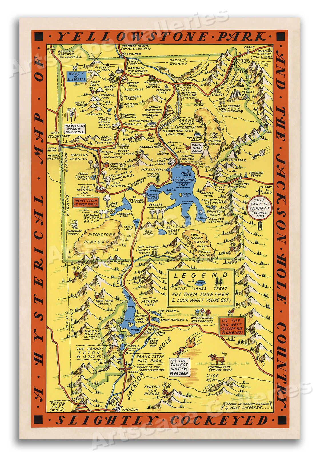 Yellowstone National Park - 1936 Hysterical Illustrated Map - 20x30