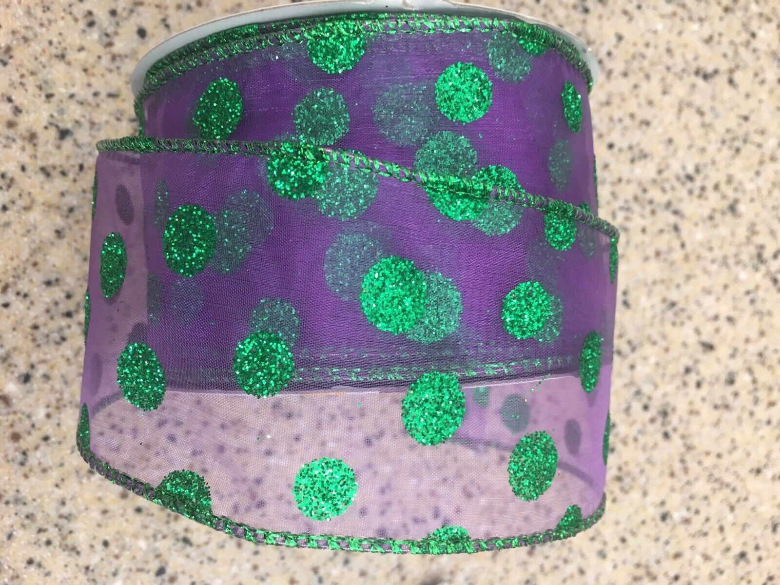 25 Yards Festive Glitter Green Purple Polka Dot Decorative Wired Ribbon FUN New