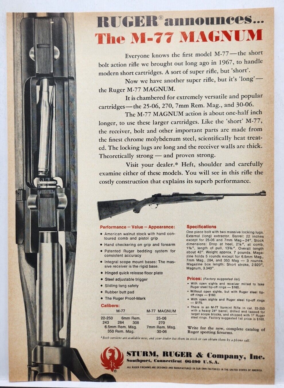 1970 Sturm Ruger M-77 Magnum Rifle Hunting Print Ad Man Cave Southport CT 70\'s