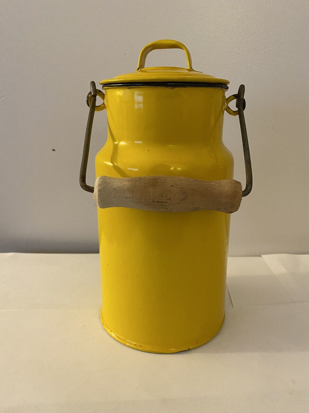 Vtg Enamel Milk Can Jar Container Yellow Made in Poland 2 Piece w/ Wooden Handle