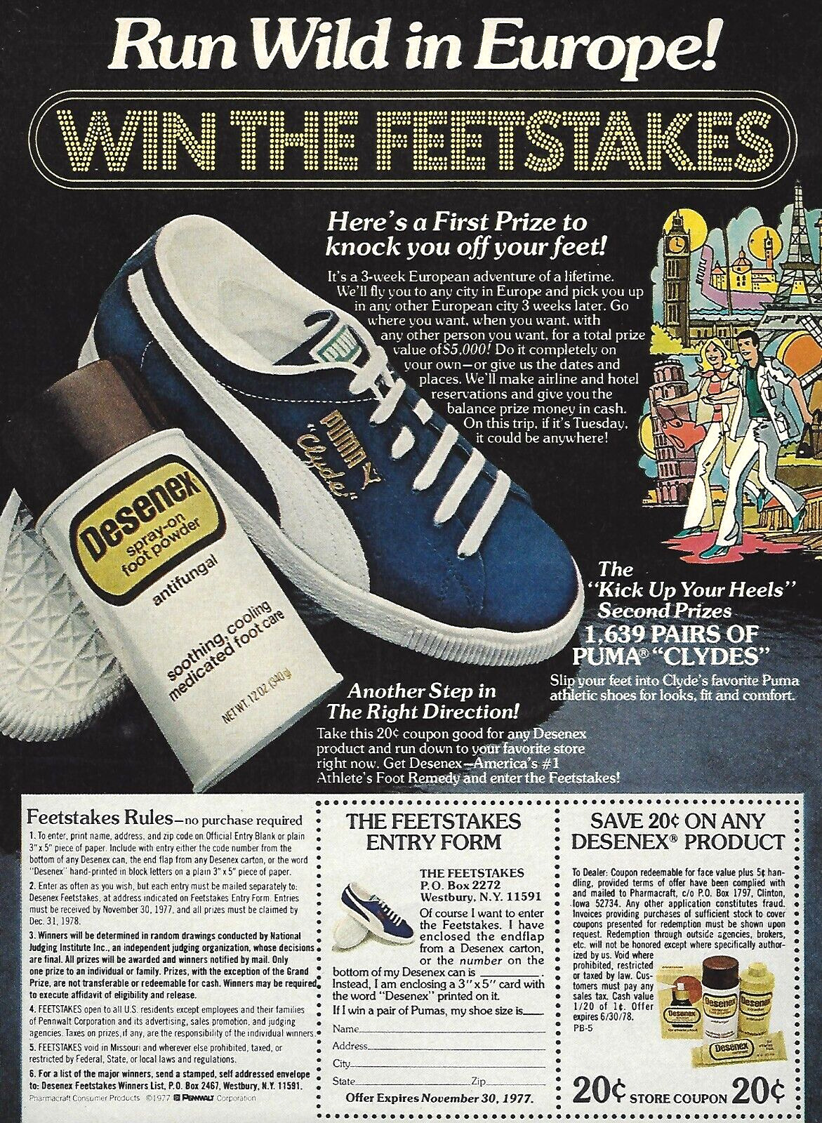 1977 Puma Clyde Basketball Shoe Sweepstakes Feetstakes Desenex vintage Print AD