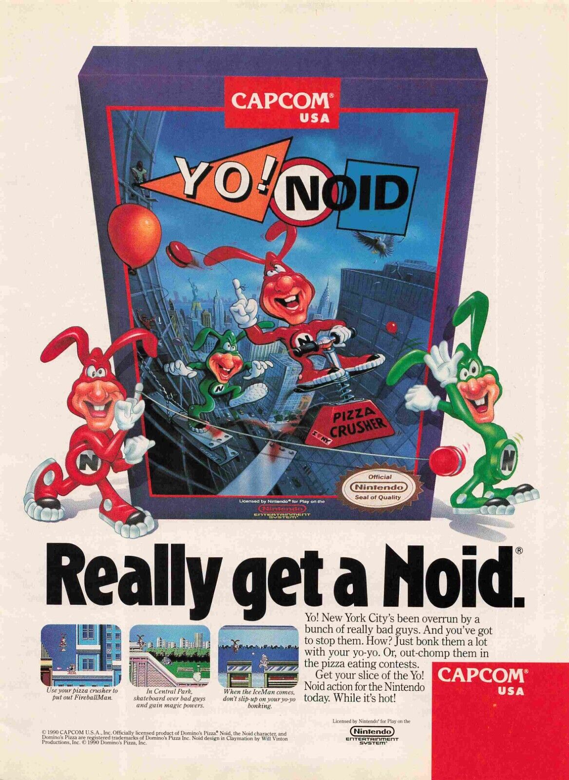 Print Ad -YoNoid Nintendo Game  FireballMan IceMan Pizza Crusher 1990s Vtg 8X11