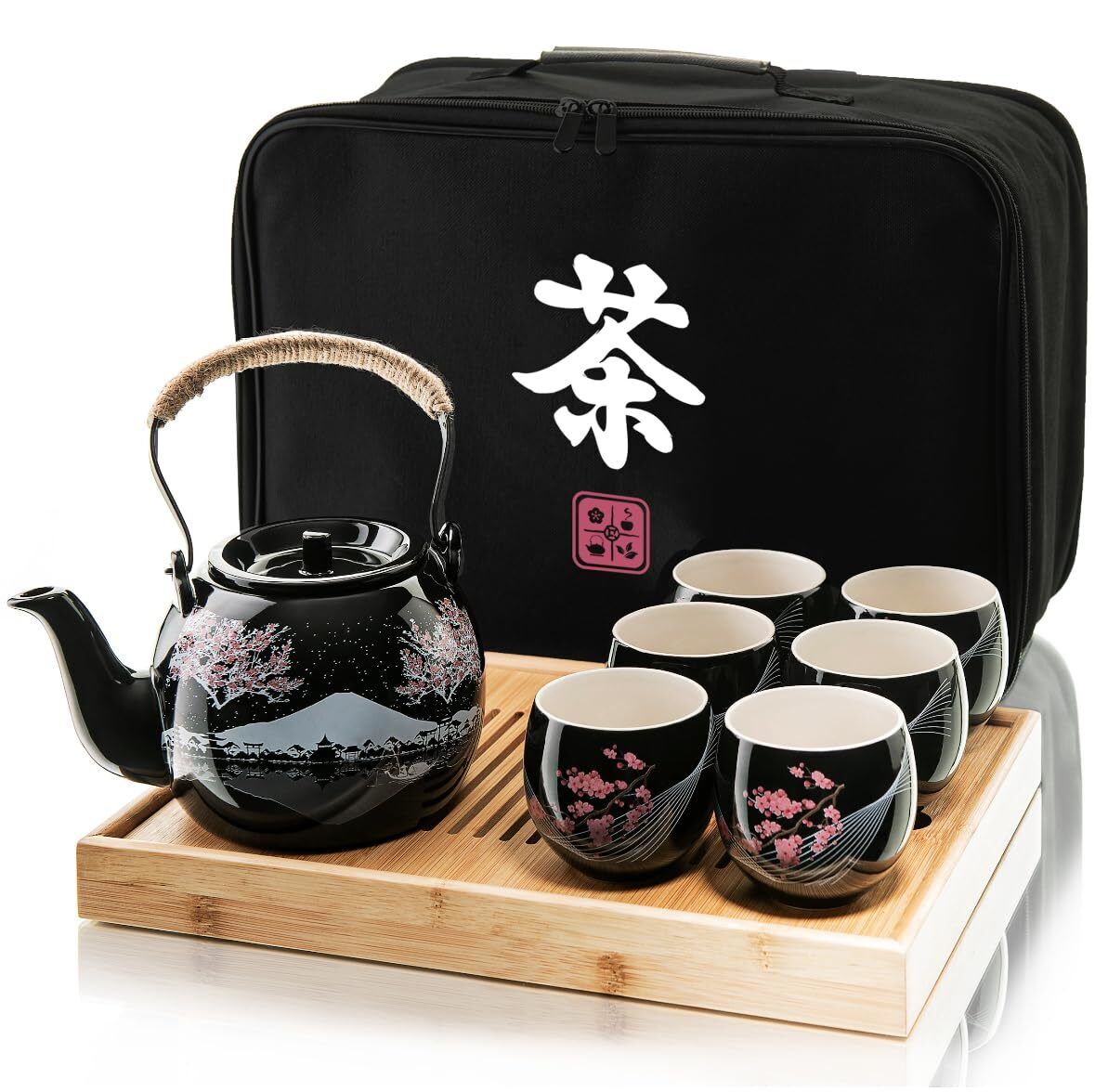Traditional Japanese Tea Set - Ceramic Tea Set with Teapot, 6 Tea Cups, 1 Bam...