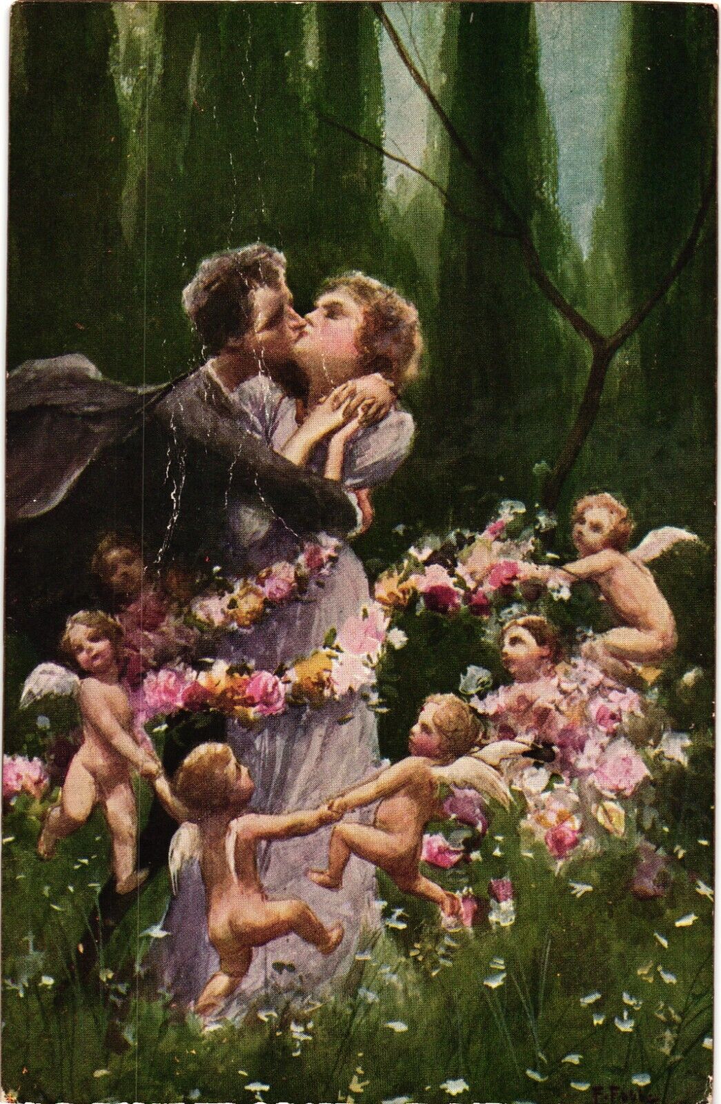 Sborgi Italy Romance Couple Surrounded by Cherubs Roses Vintage Postcard