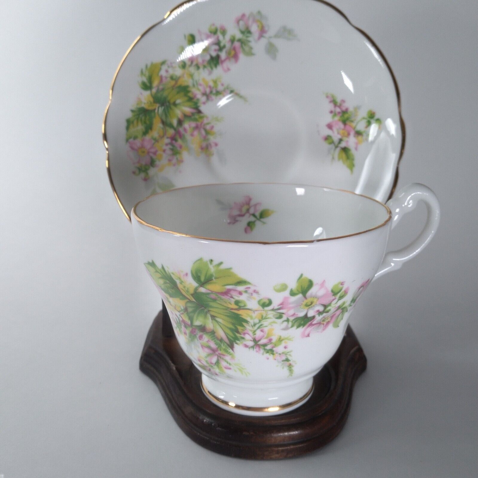 Vintage Regency Bone China Tea Cup And Saucer Pink White Flowers and Greenery
