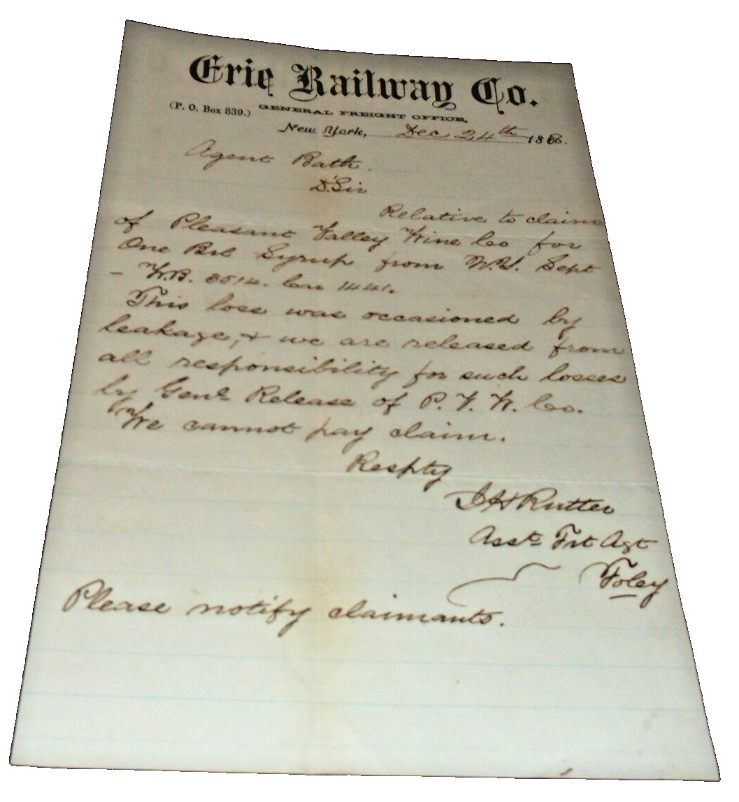 DECEMBER 1868 ERIE RAILWAY BATH, NEW YORK FREIGHT AGENT CORRESPONDENCE
