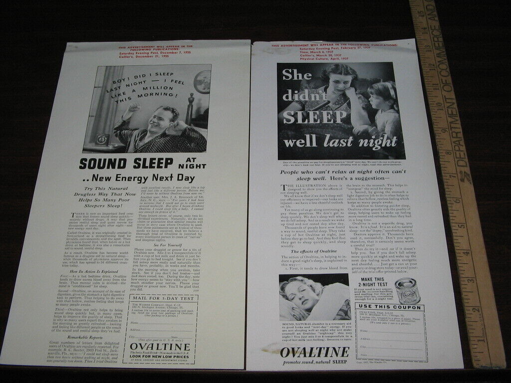 OVALTINE 1935,1937 (2 items) CAN\'T SLEEP print ad PROOF single sided,good health