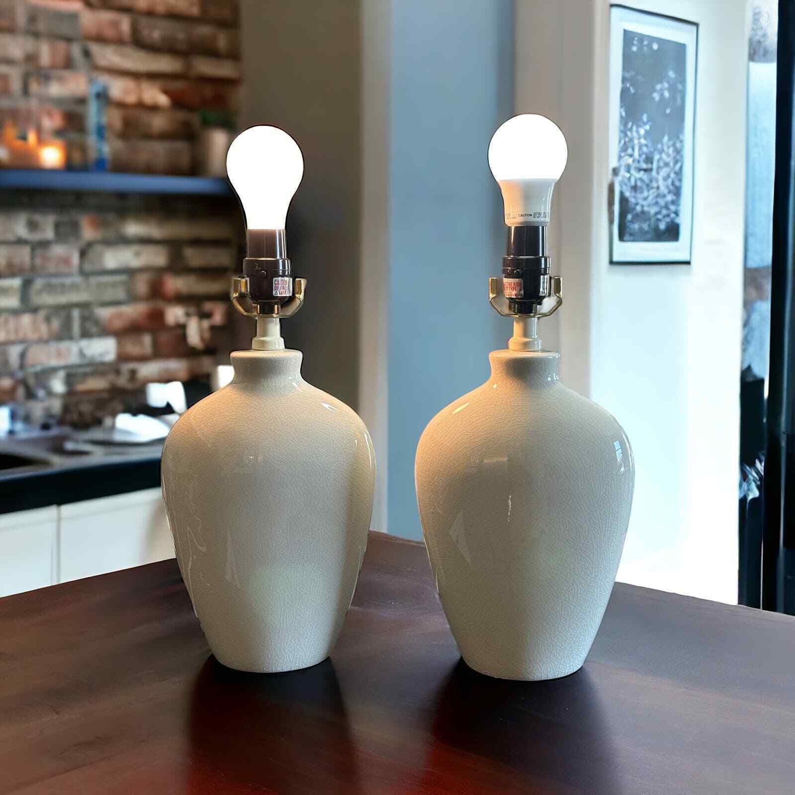 White Modern MCM Mid Century Minimalist Glazed Etched Set of 2 Lamps Home Decor