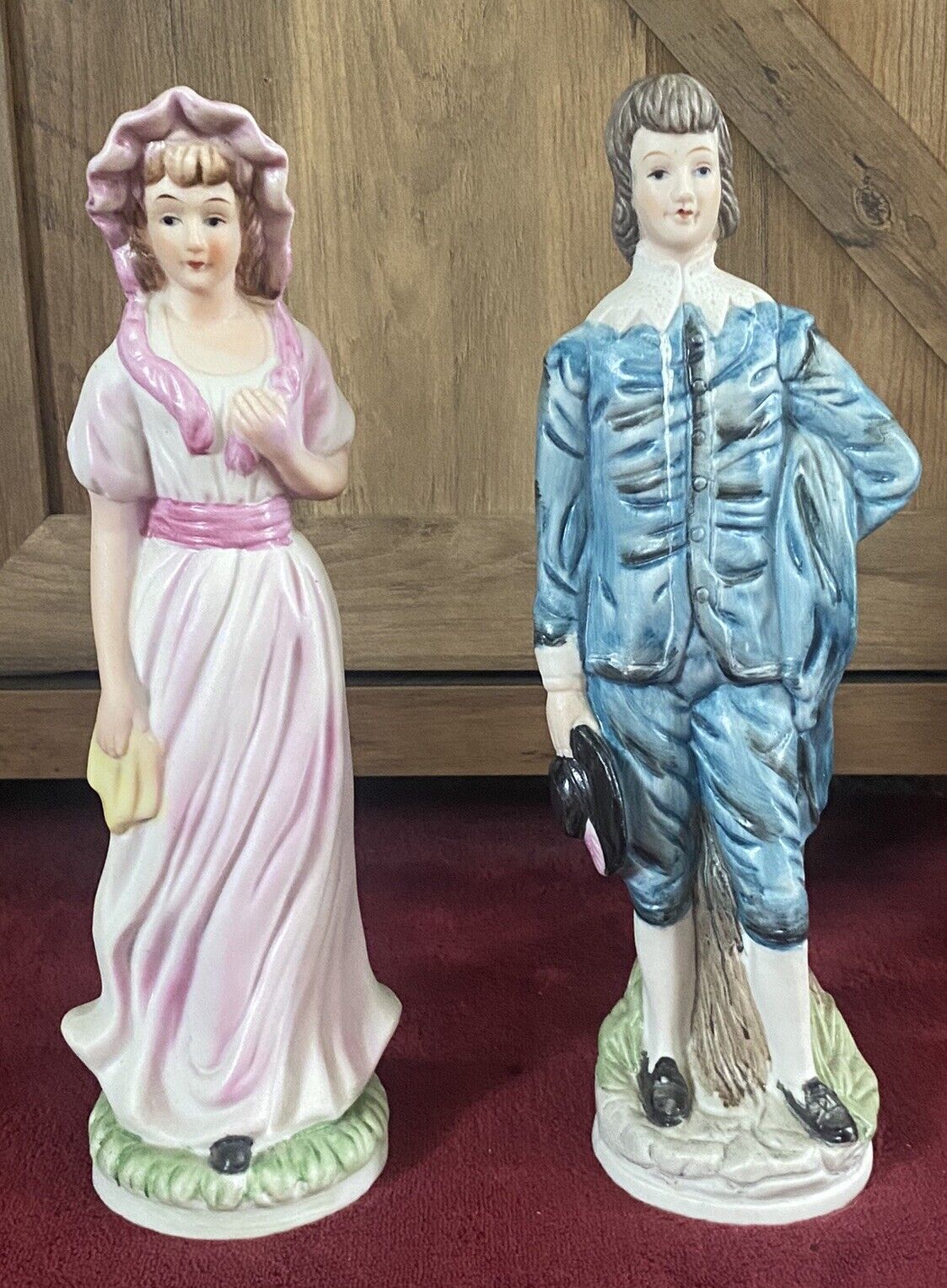 Set Of 2 Vintage hand painted bisque Pinky & Blue boy figurines 10.5”