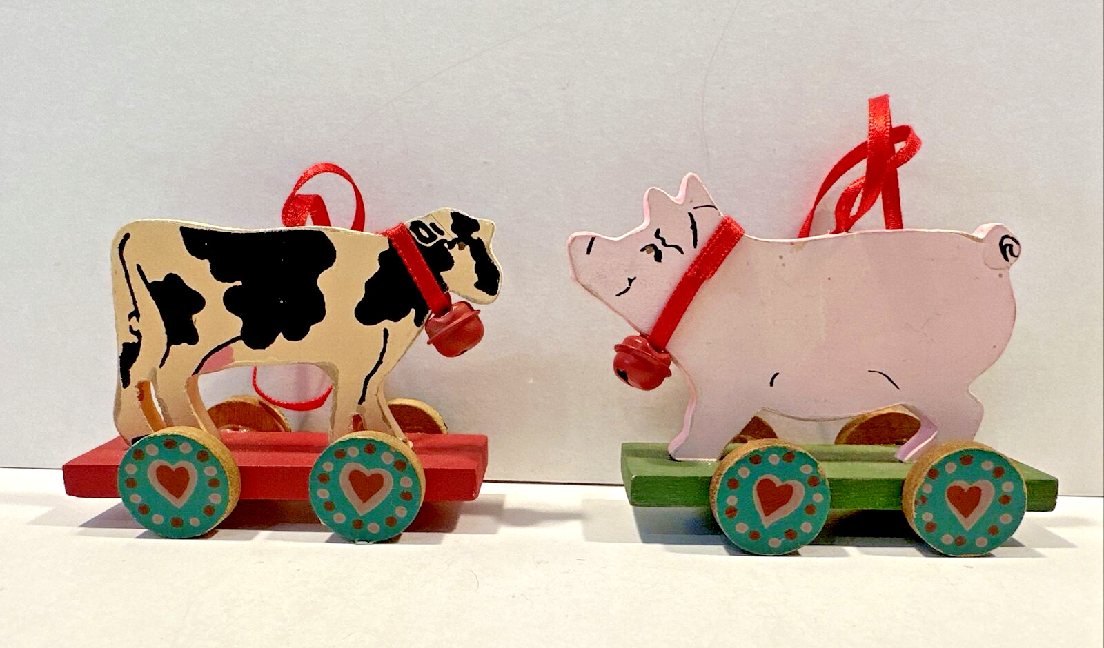 Vintage Kurt Adler Wood Pig and Cow Handcrafted Christmas Tree Ornaments 3\