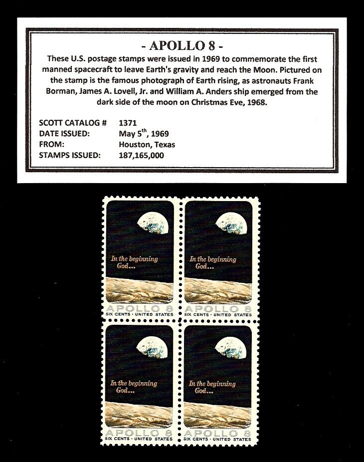 1969 - APOLLO 8 - Mint, Never Hinged, Block of four Vintage U.S. Postage Stamps