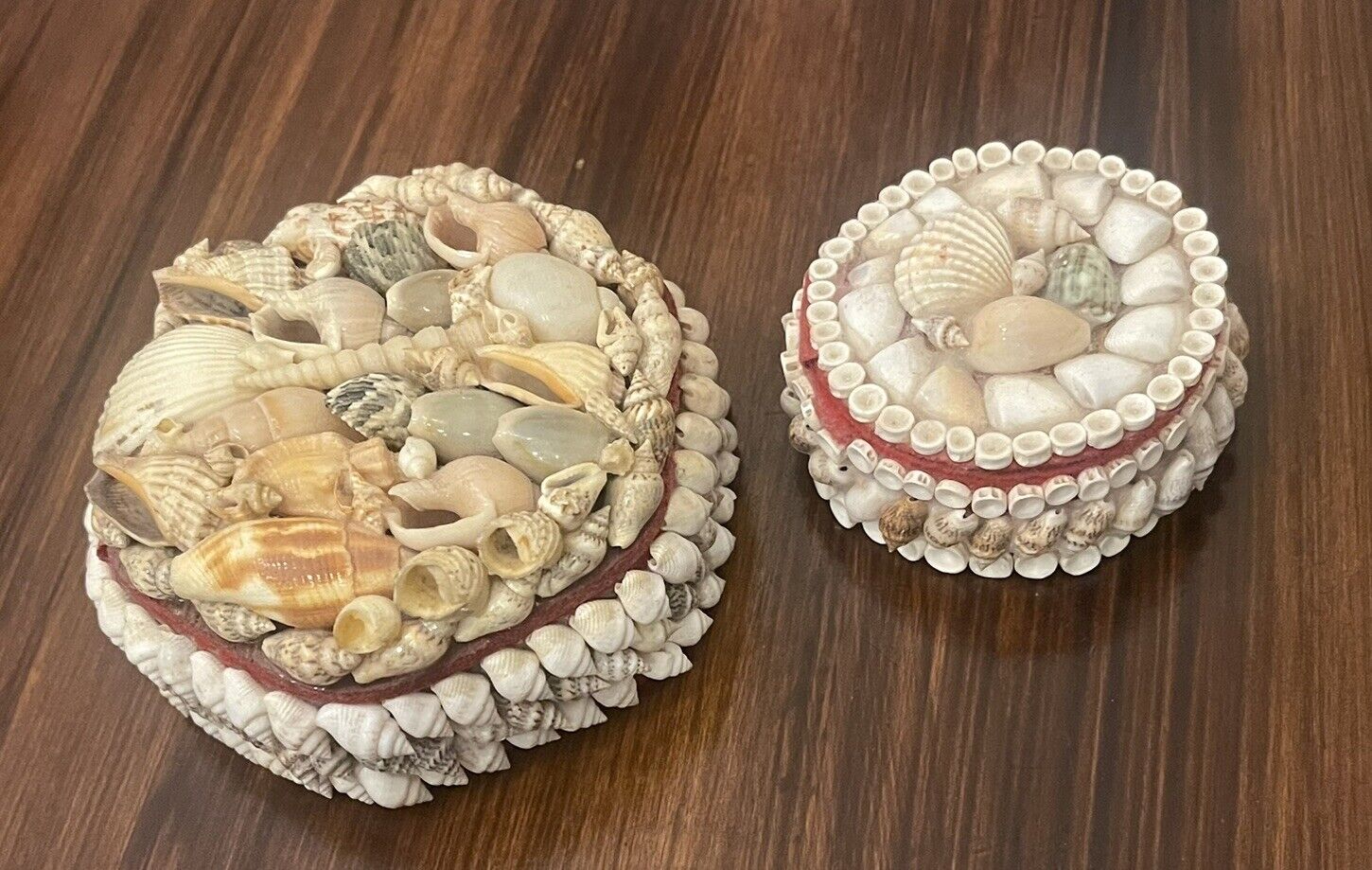 Vintage Handmade Seashell Shell Art Jewelry Trinket Box Set Of 2 Nautical Beach