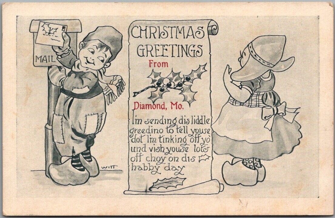 1912 CHRISTMAS GREETINGS Postcard Dutch Boy & Girl Mailbox - Artist-Signed WITT