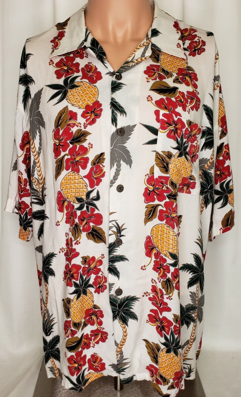 Hawaiian Shirt Ocean Current Pineapples Palm Hibiscus 100% Rayon Size XL Aloha