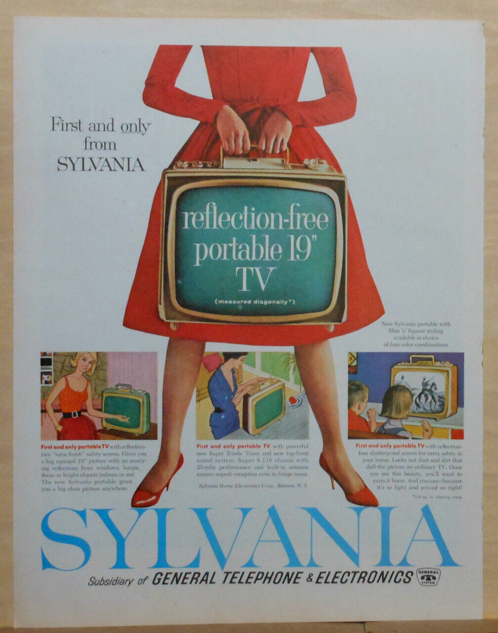 1960 magazine ad for Sylvania reflection free portable TV - 19 inch screen