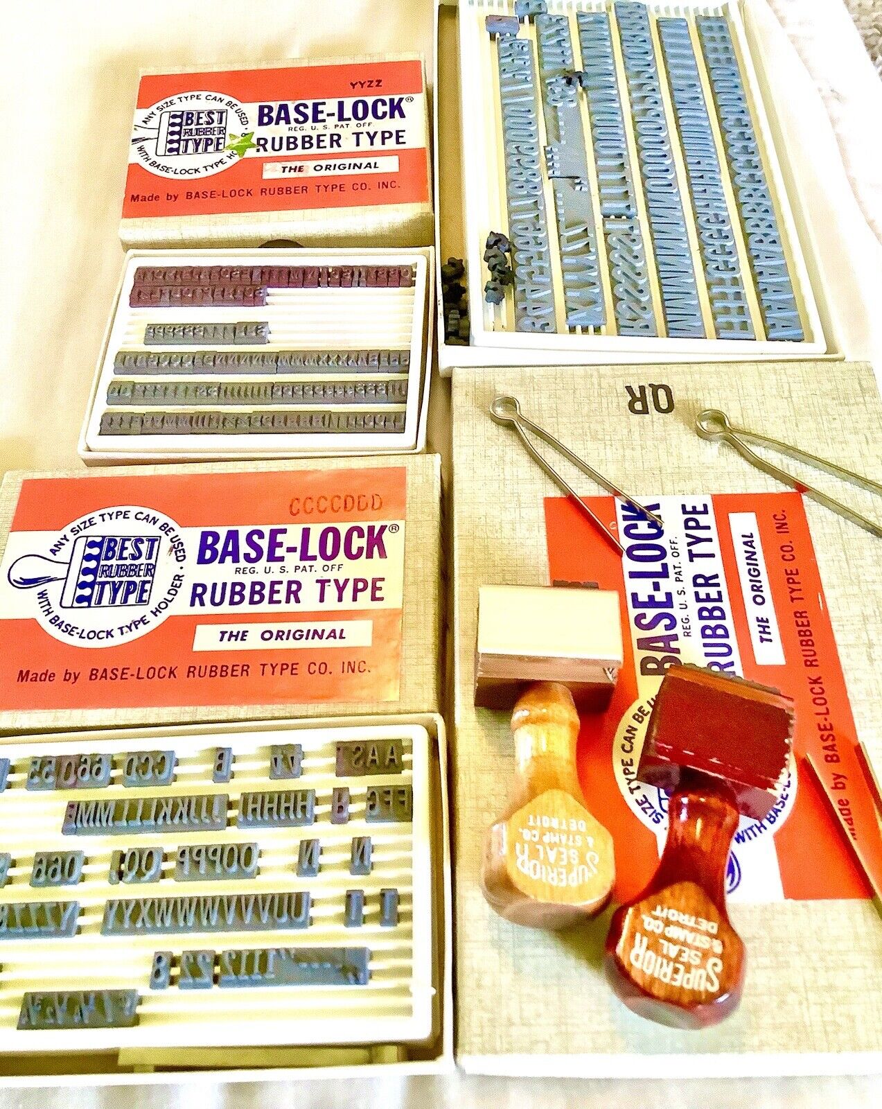 Vintage STAMP LoT 50s Base Lock LETTERs Numbers Box SET Rubber SUPERIOR Wooden