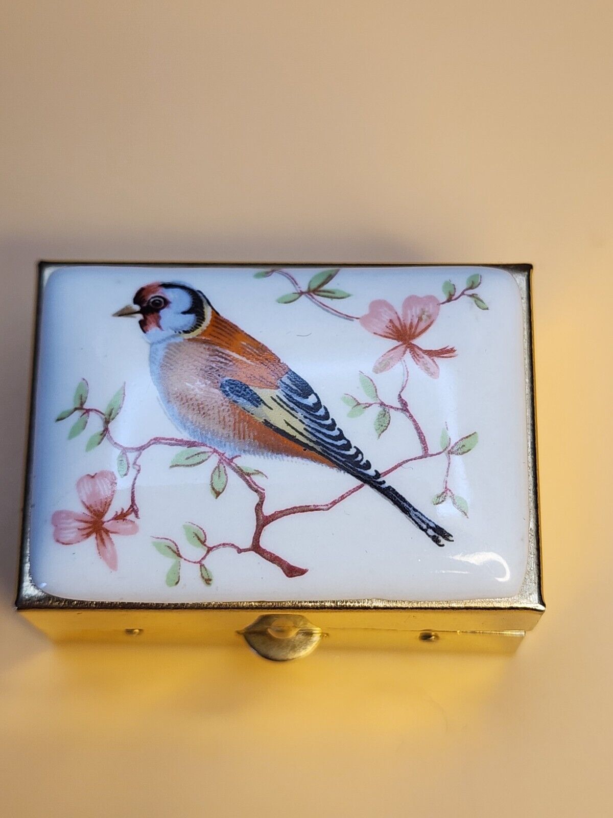 Vintage 1970s Hand Painted Bird Ceramic Pill Box Sewing Kit Trinket Box Brass