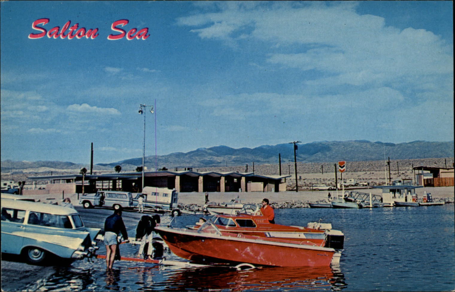 Salton Sea State Park California 1950s boat gas station camper vintage postcard