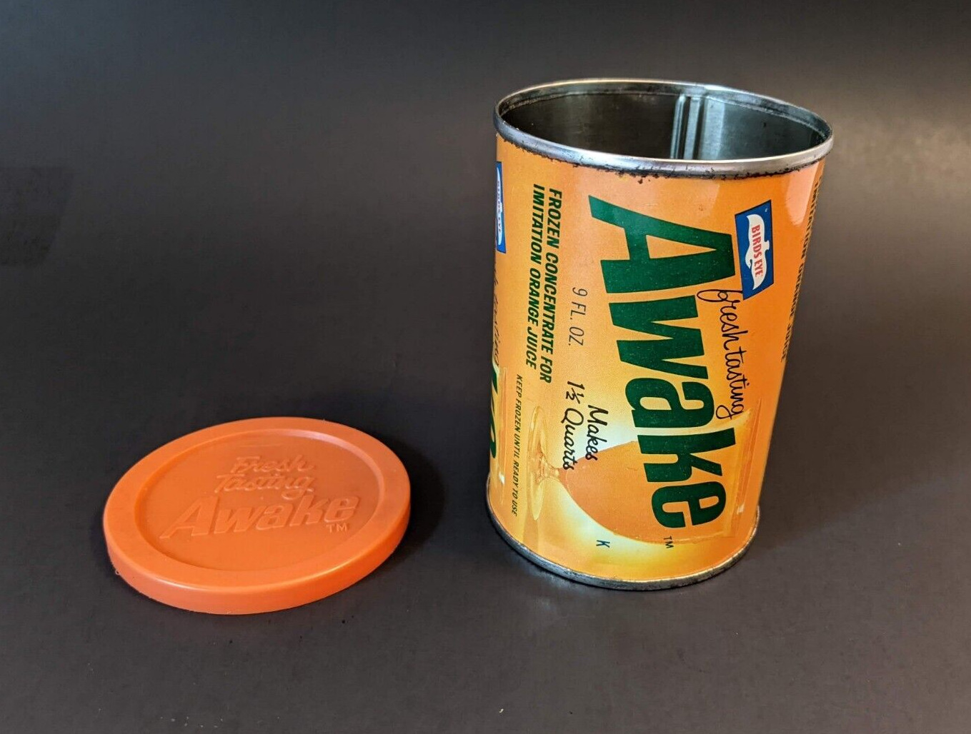 VTG General Foods Birds Eye Metal Awake Orange Juice Tin Can Lid 70s Advertising