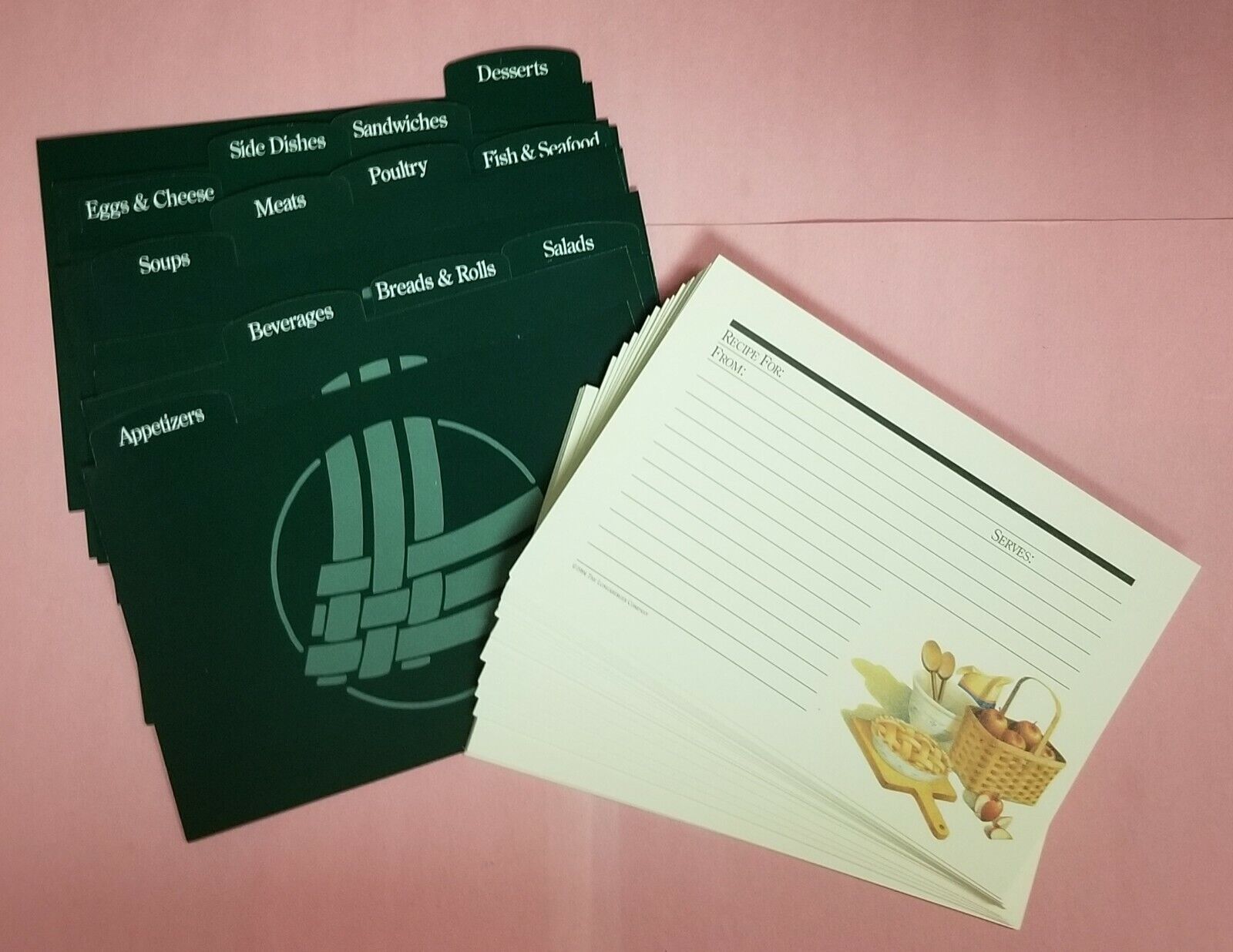 NEW 50 Longaberger 4x6 Recipe Cards/12 GREEN Dividers/Index: A-Z/Food Categories