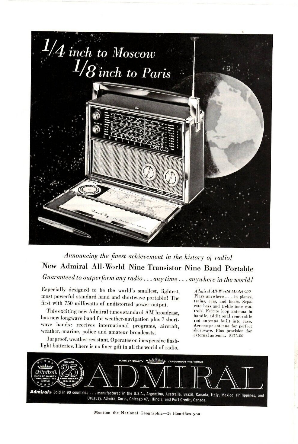 1959 Print Ad Admiral All-world Nine Transistor Nine Band Portable Radio Moscow