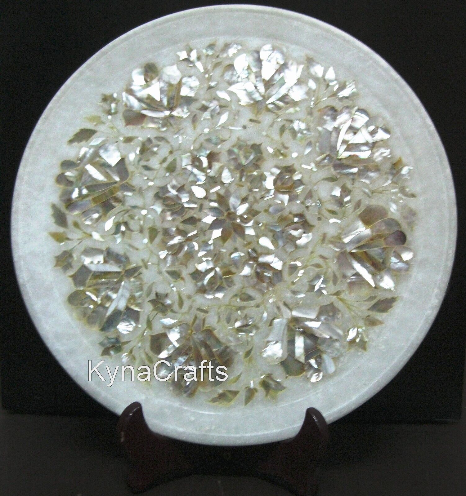 12 Inches Round Stone Decorative Plate Mother of Pearl Inlay Work Giftable Plate