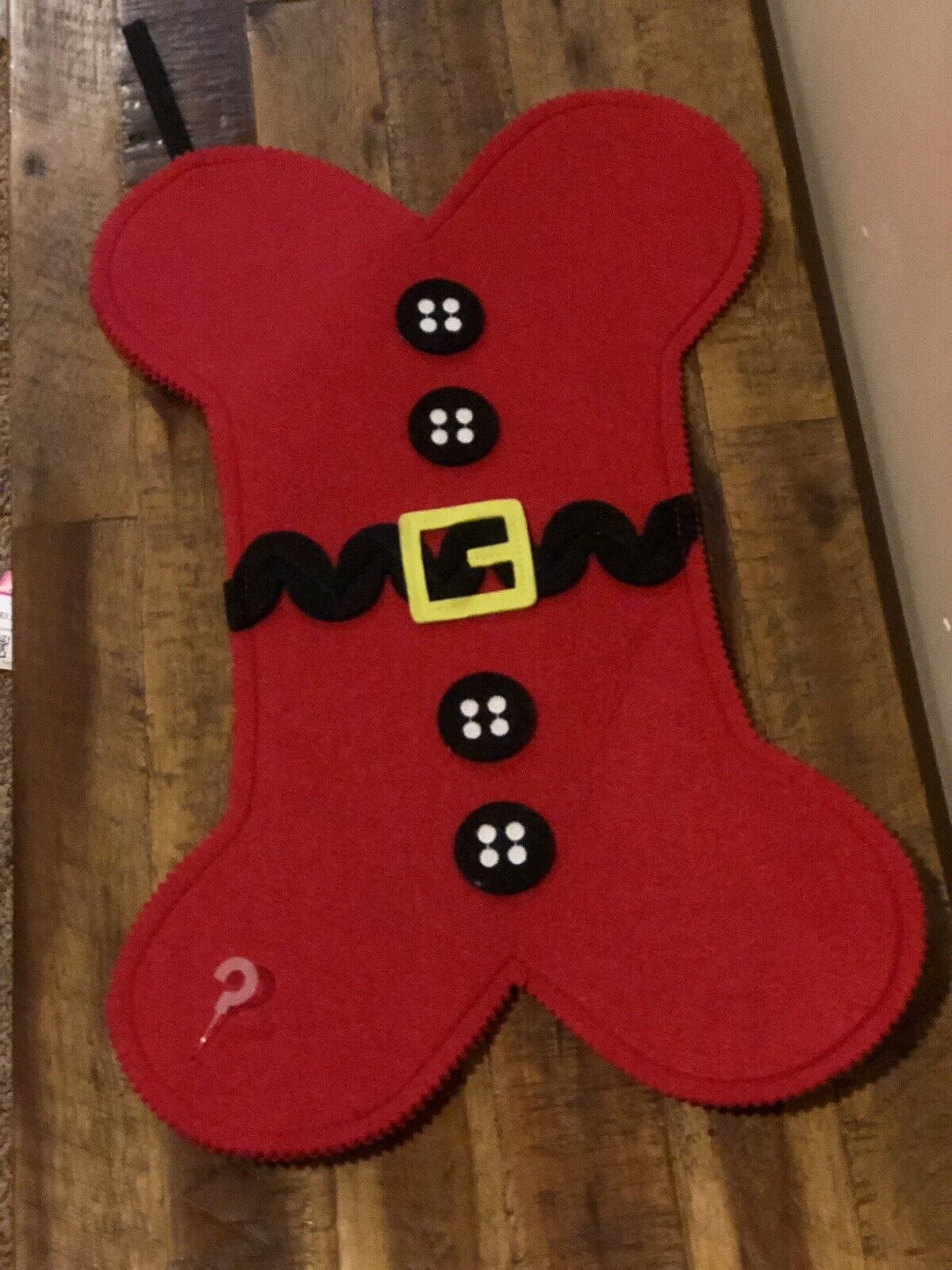 NEW LARGE HANDMADE RED DOG PAW STOCKING CHRISTMAS PET BONE SHAPED WITH BUTTONS