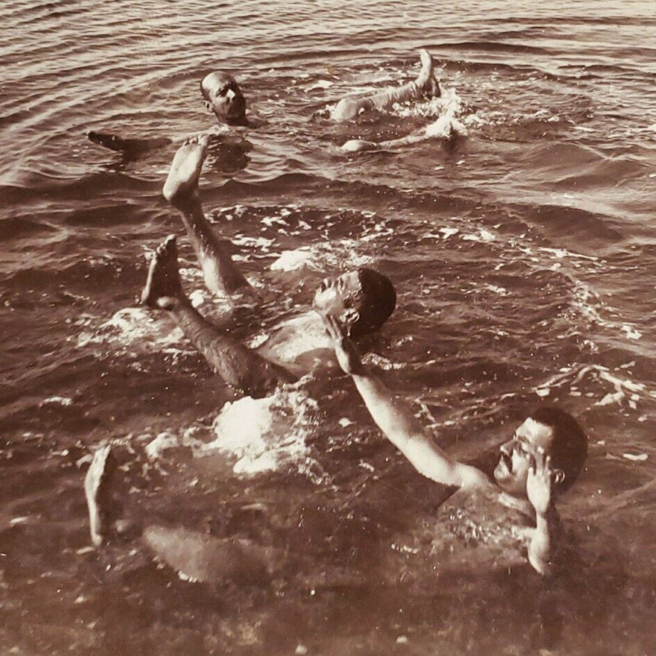 Dead Sea Swimming Men Stereoview c1900 Palestine Floating Keystone Antique C757