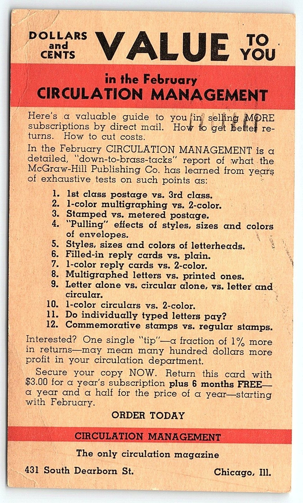 1936 McGRAW-HILL PUBLISHING CIRCULATION MANAGEMENT ADVERTISING POSTCARD P706