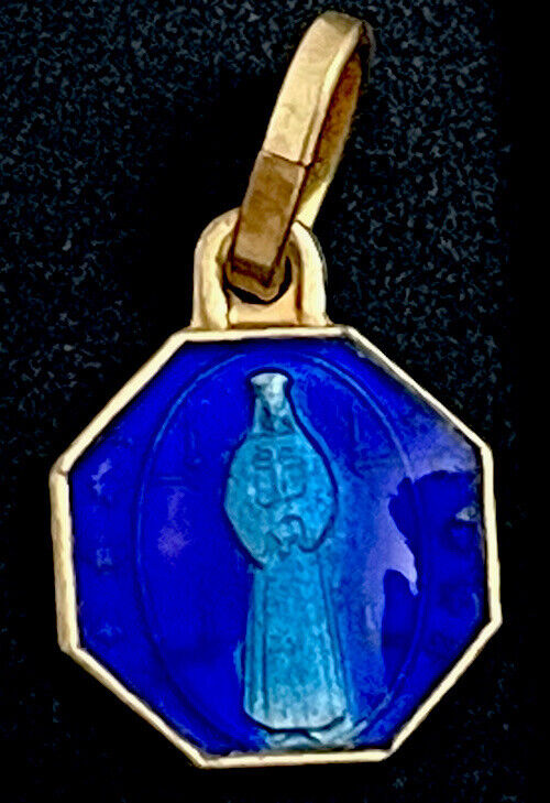 Vintage Catholic French Blue Enamel Gold Tone Petite Medal, France