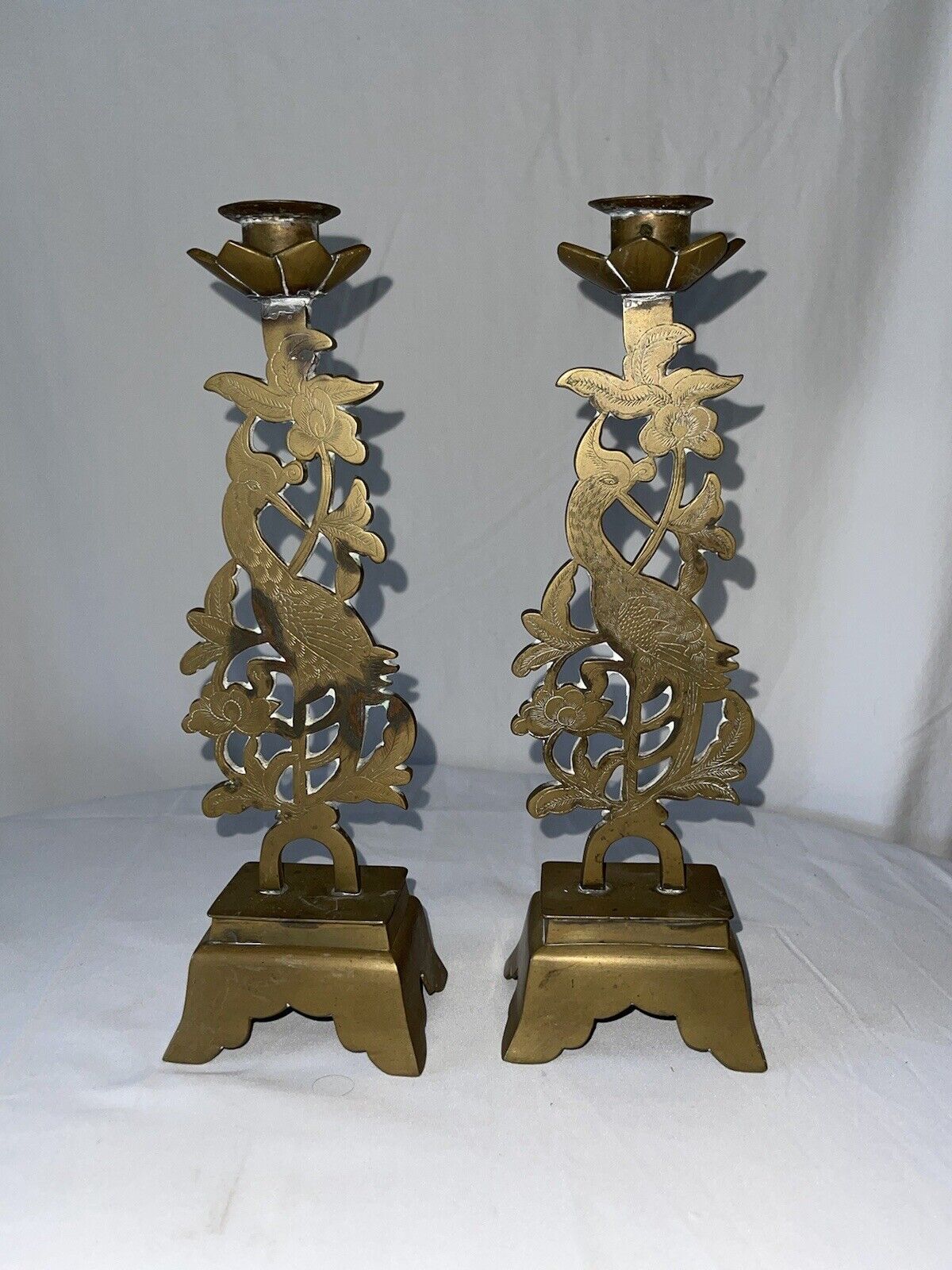 Pair of Vintage Etched Brass Crane/Bird &Floral Candlestick Candle Holders 11 In