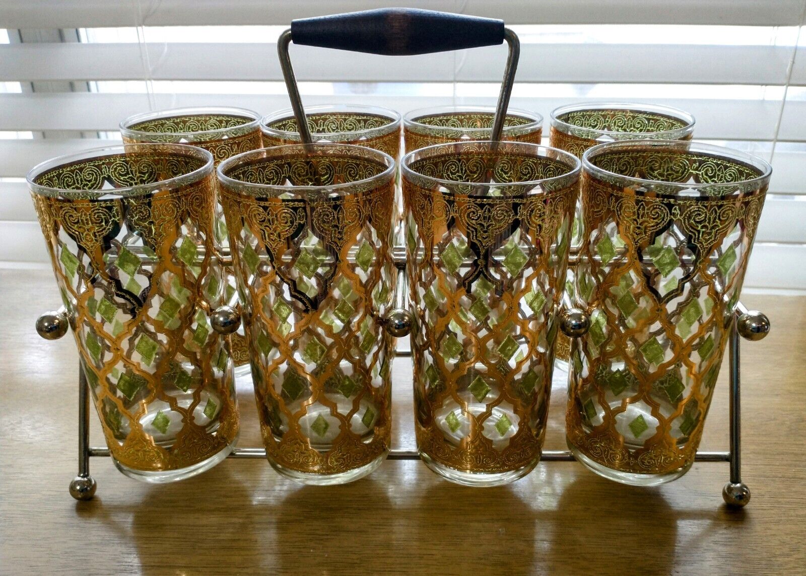MCM 22k Gold Valencia Pattern Highball Glasses by Culver, Set of 8 w/ Caddy