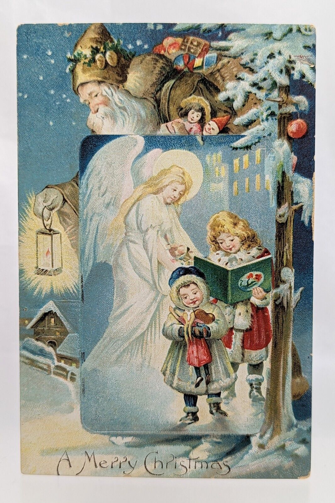 Embossed Surreal Abstract Christmas Holiday Old World Santa Tan Coat Postcard