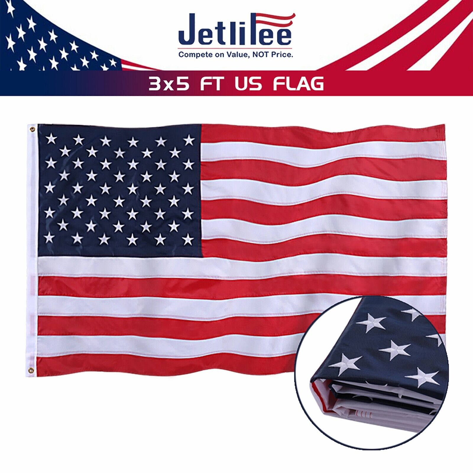 Jetlifee American Flag 3x5 ft US Flag UV Protected Embroidered Stars 420D Nylon