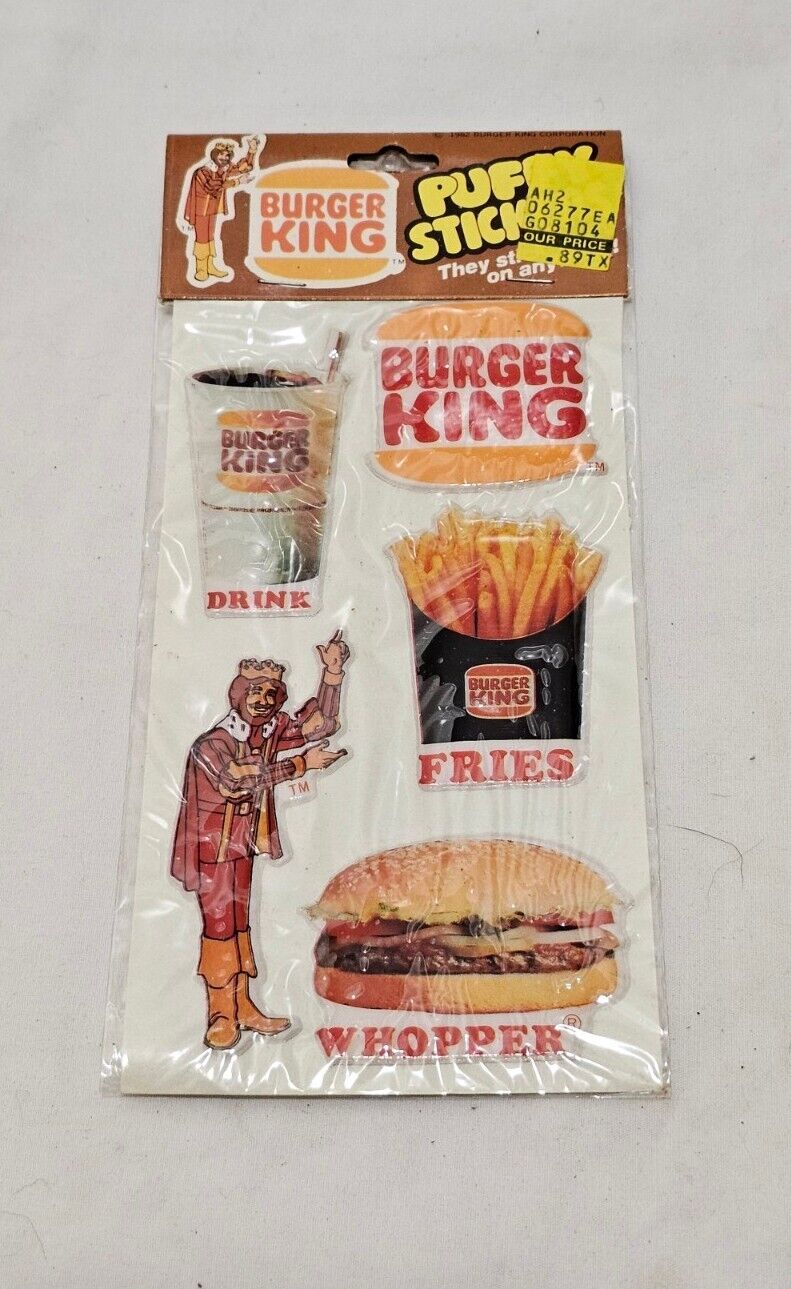 Vintage 1982 Pack BURGER KING Puffy Stickers NIP 80s Drink Fries Whopper Logo