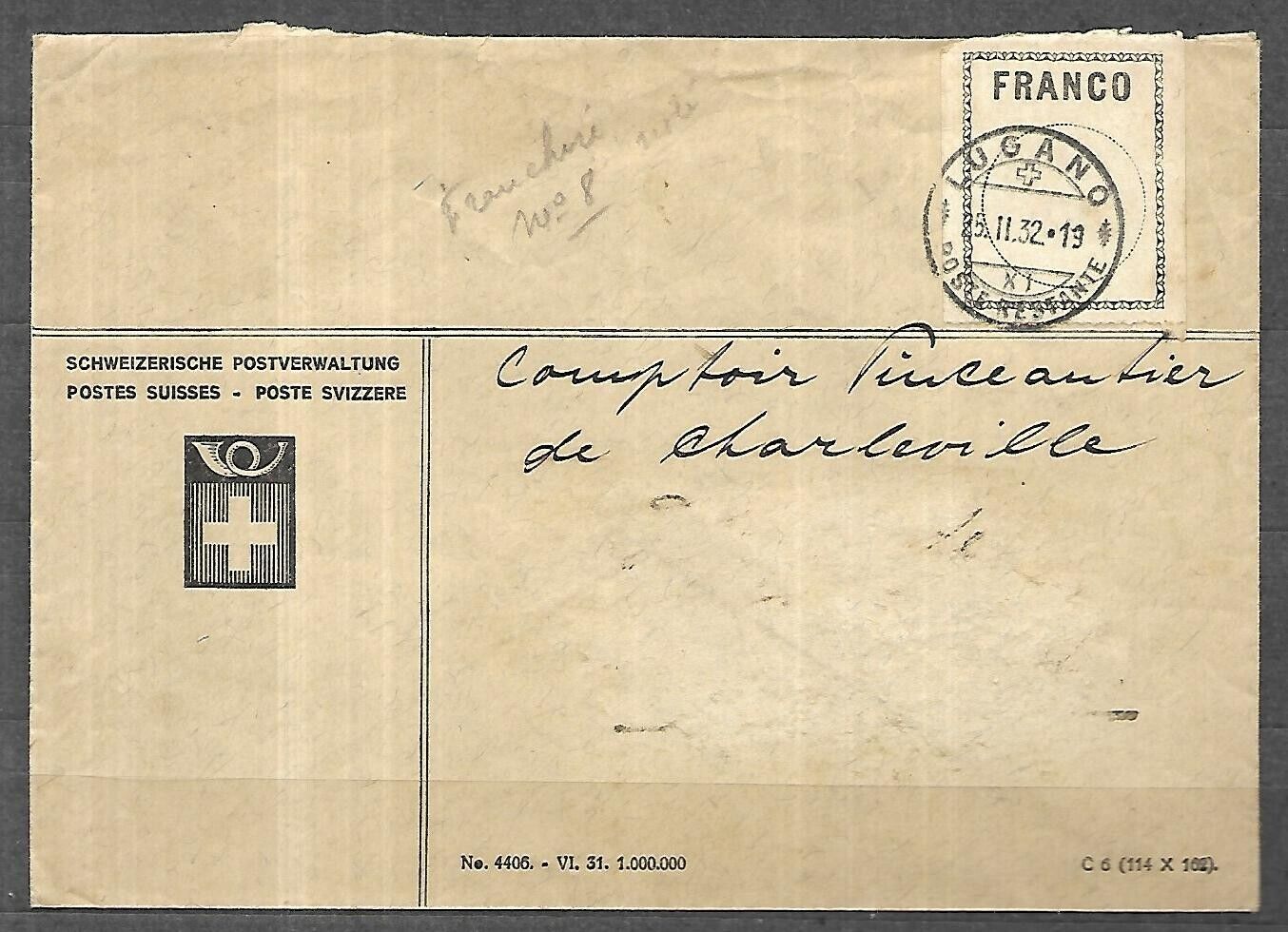 1932 Swiss Letter with Franchise 25 11 1932 by LUGANO for Boncourt