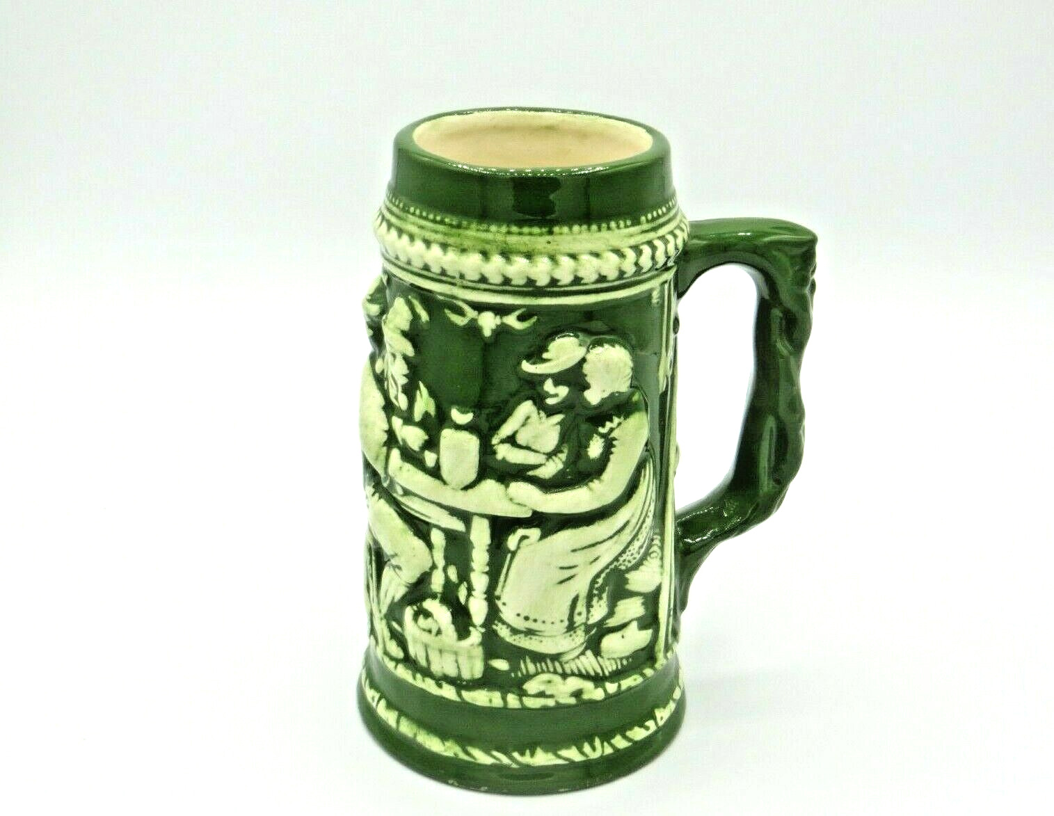 German Vintage Ceramic Green White Glazed Beer Stein Mug 7\