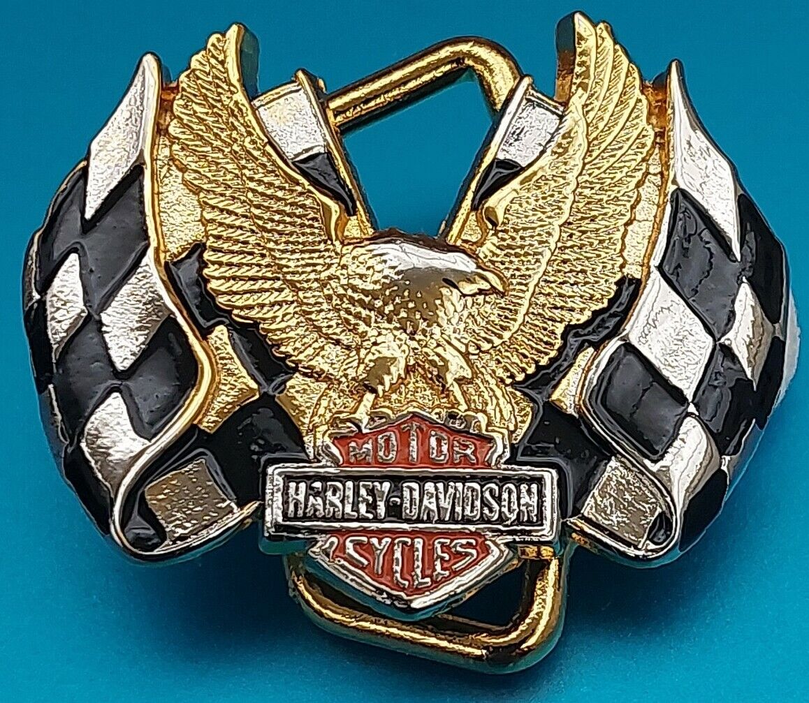 Harley Davidson Small Dress Belt Buckle Eagle Flags Baron Brass Vtg. 1983 New