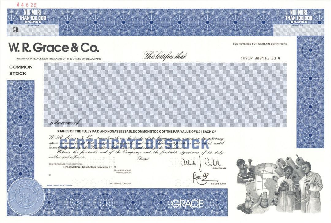 W.R. Grace and Co. - 1998 Specimen Stock Certificate - Specimen Stocks & Bonds