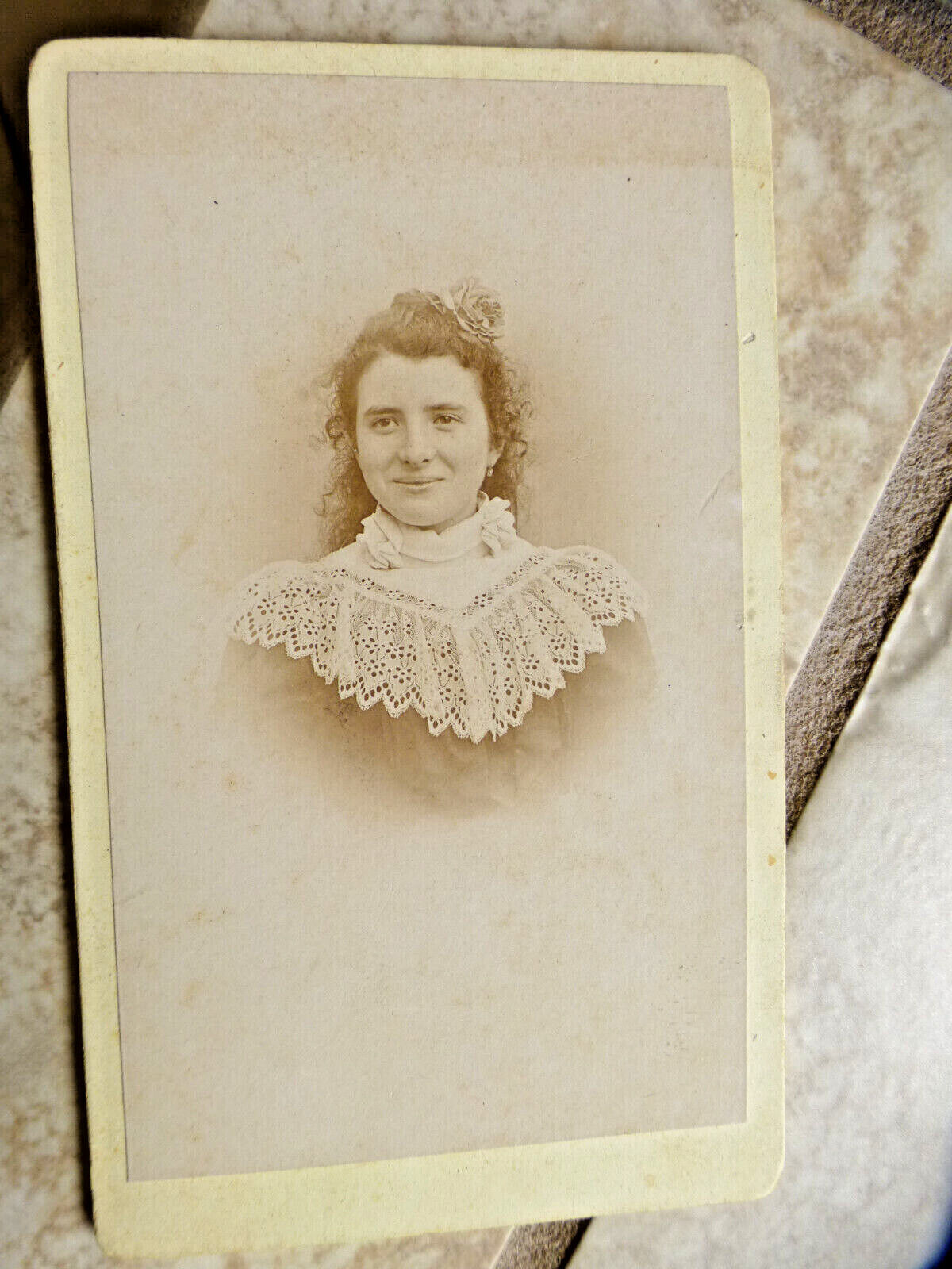Antique CDV Cabinet Photo Girl with Elaborate Lace Collar