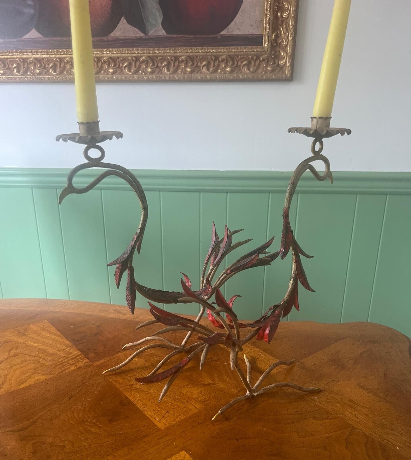 Pair of Rare Rooster Form Metal Candlesticks Red