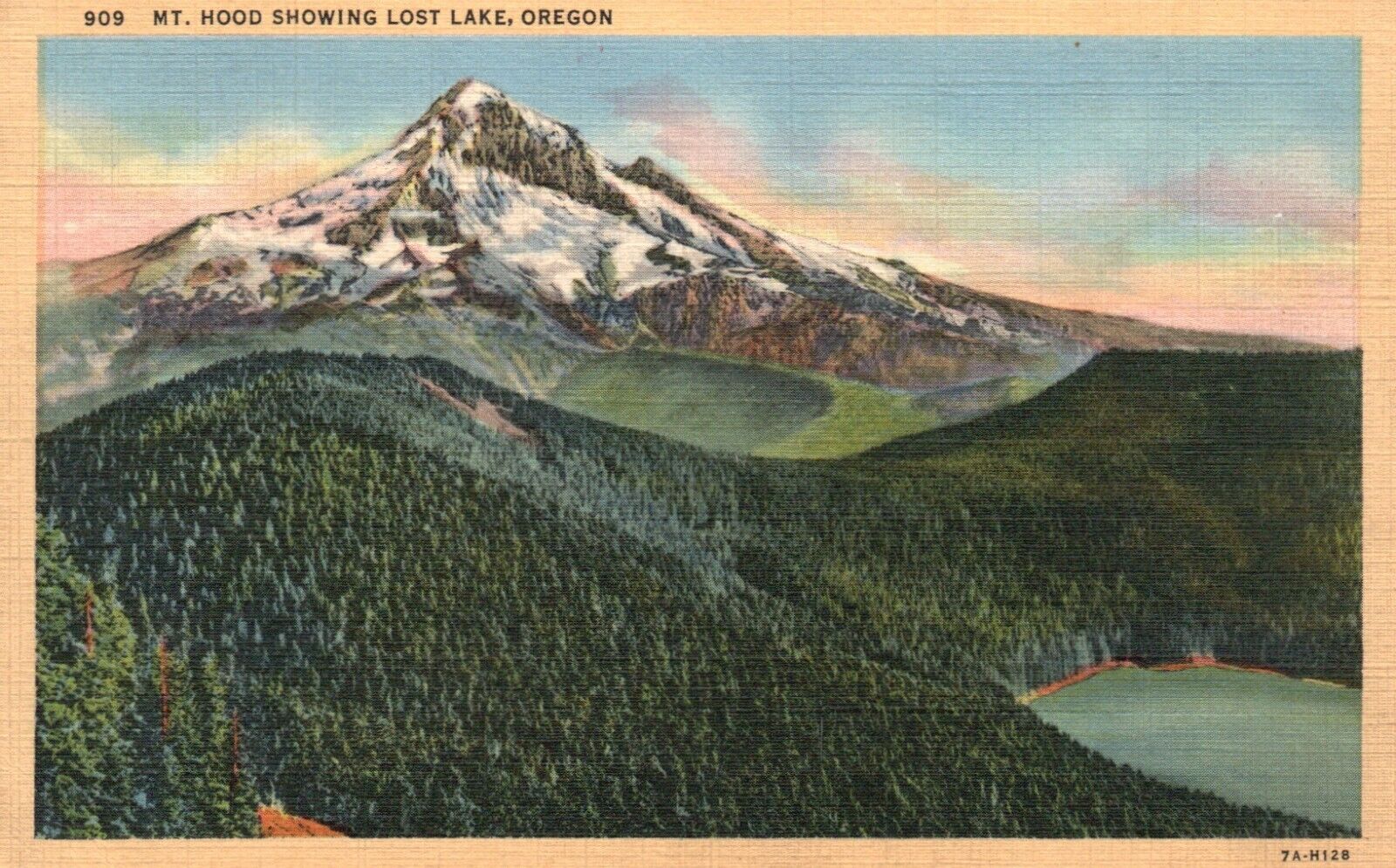 Postcard OR Mt Hood showing Lost Lake Oregon 1937 Linen Vintage PC H7863