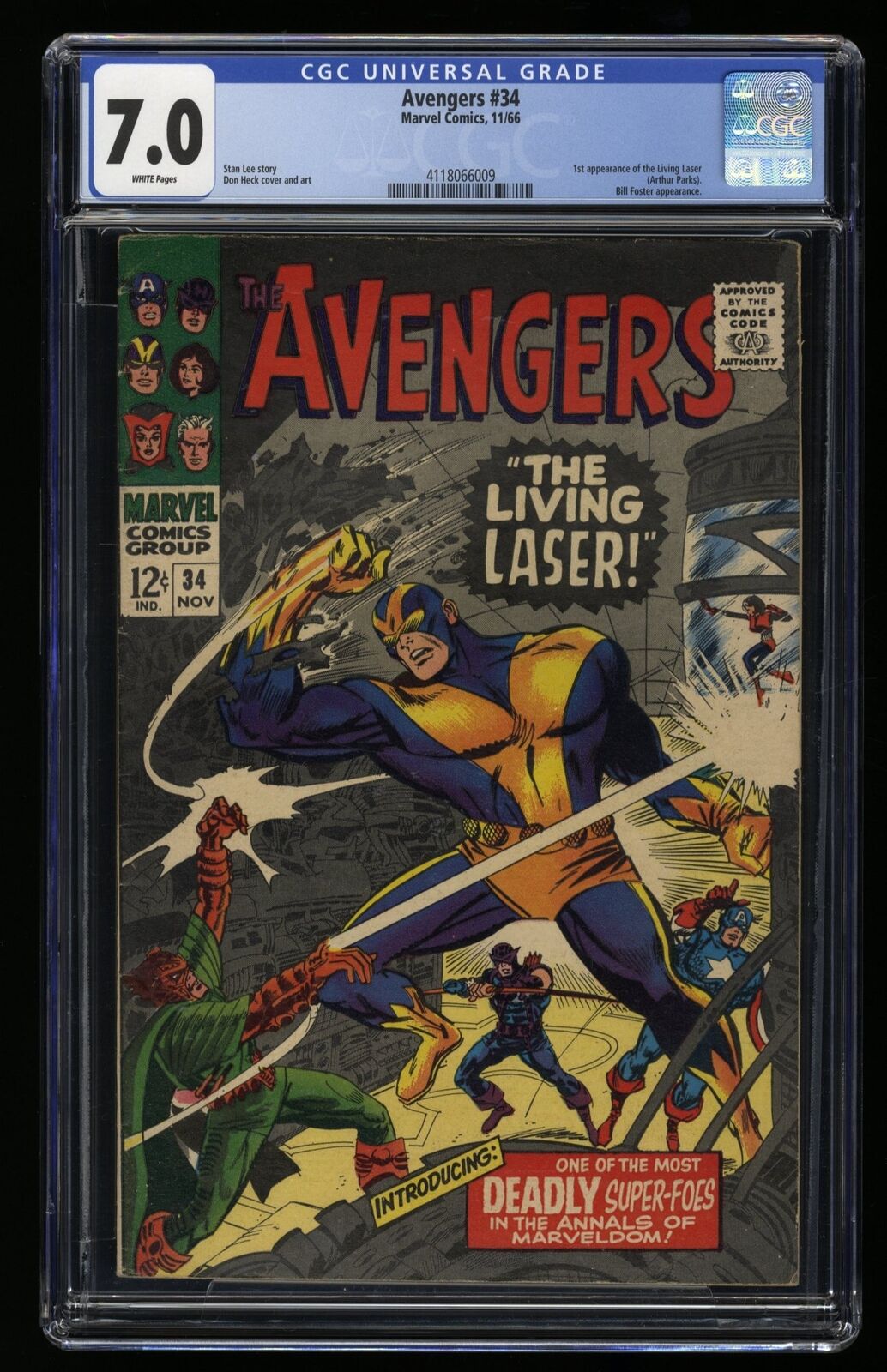 Avengers #34 CGC FN/VF 7.0 White Pages 1st Appearance Living Laser Marvel 1966