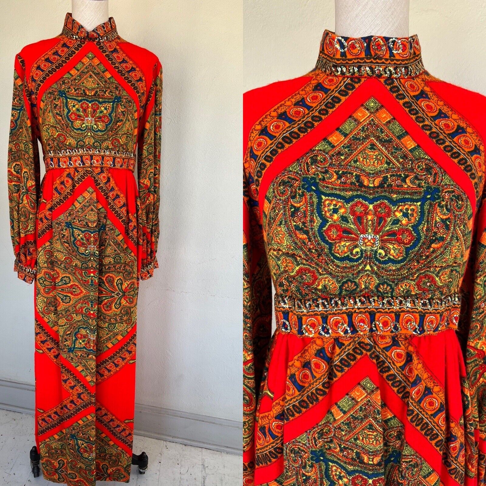 Auth. VTG 60\'s Orange Paisley Kaftan Tunic Dress Gold Mica Accent Mod Hippie M L