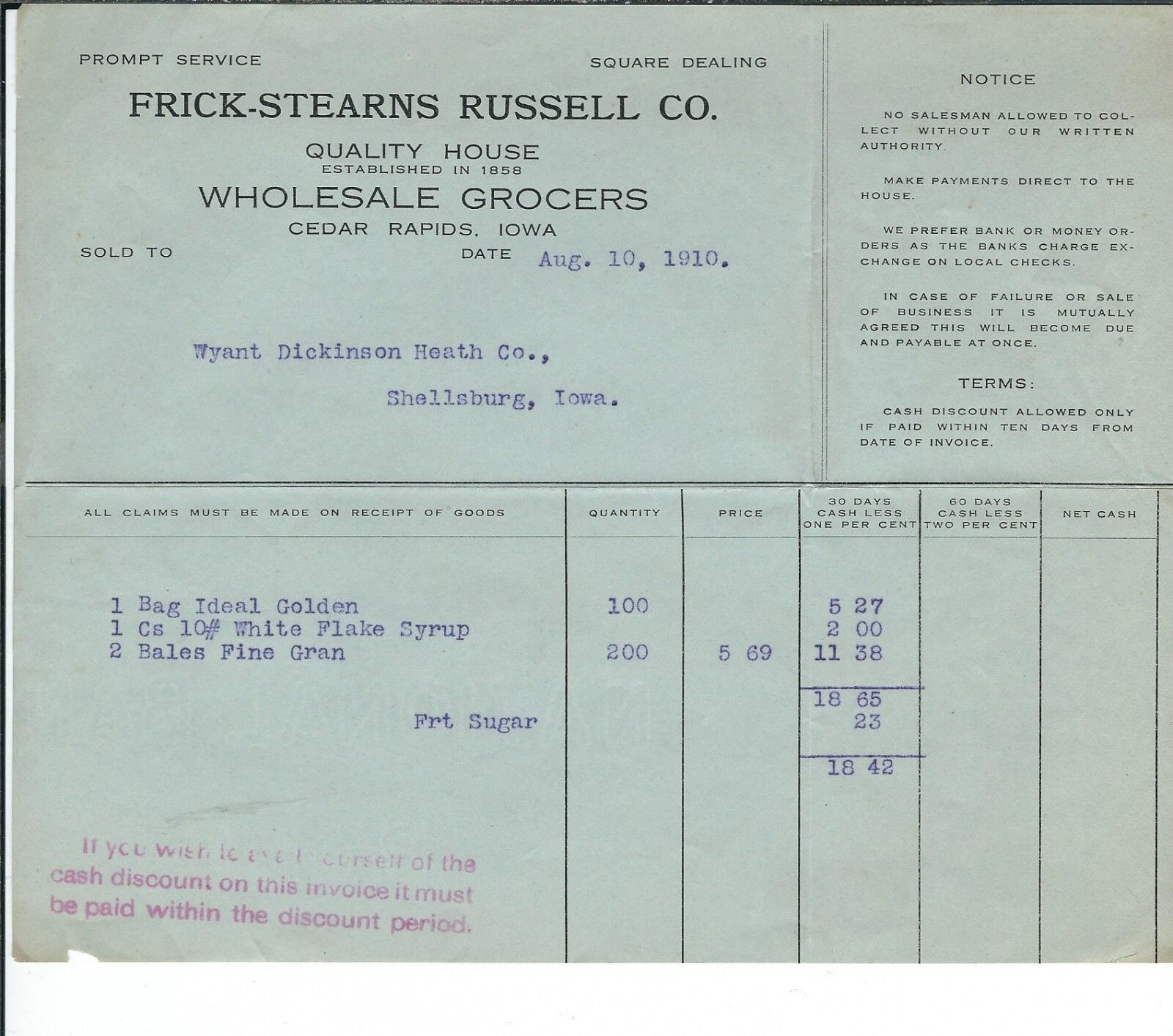 ME-102 - Cedar Rapids, Iowa, August 10, 1910 Invoice Frick Stearns Russell Co