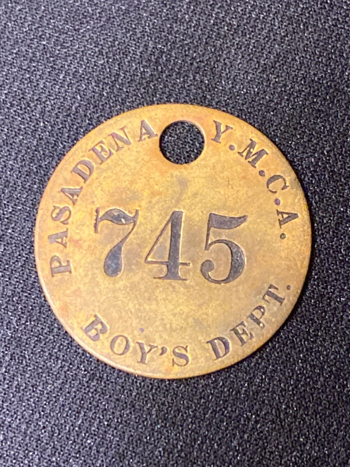 Ca. 1920\'s Pasadena Y.M.C.A. Boy’s Dept.  745 Solid Brass Room Check Pendant Tag