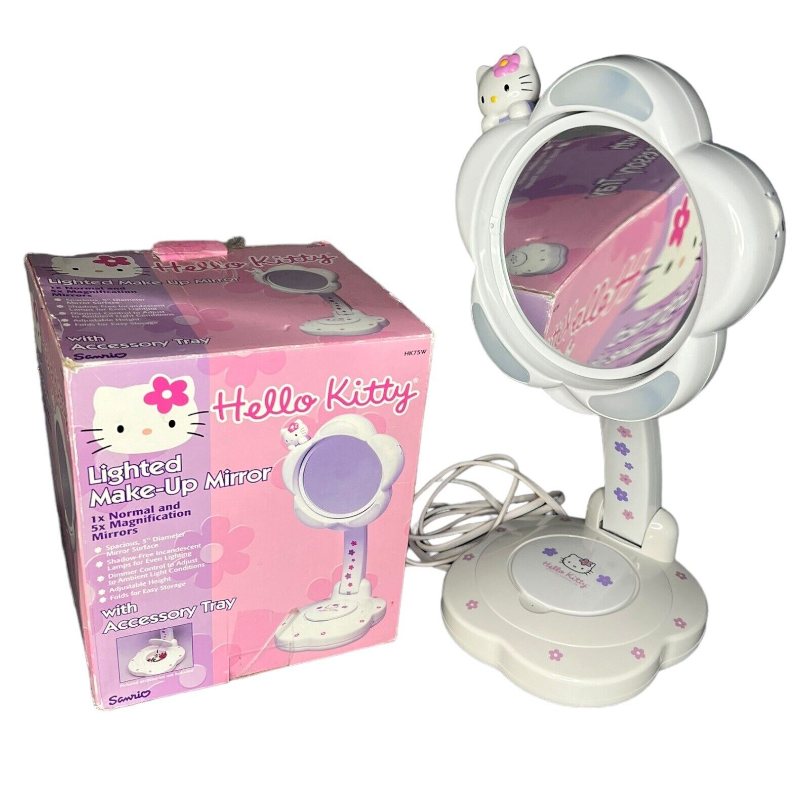VTG 2001 Sanrio Hello Kitty Lighted Foldable Make Up 5” Mirror w/ Tray - READ