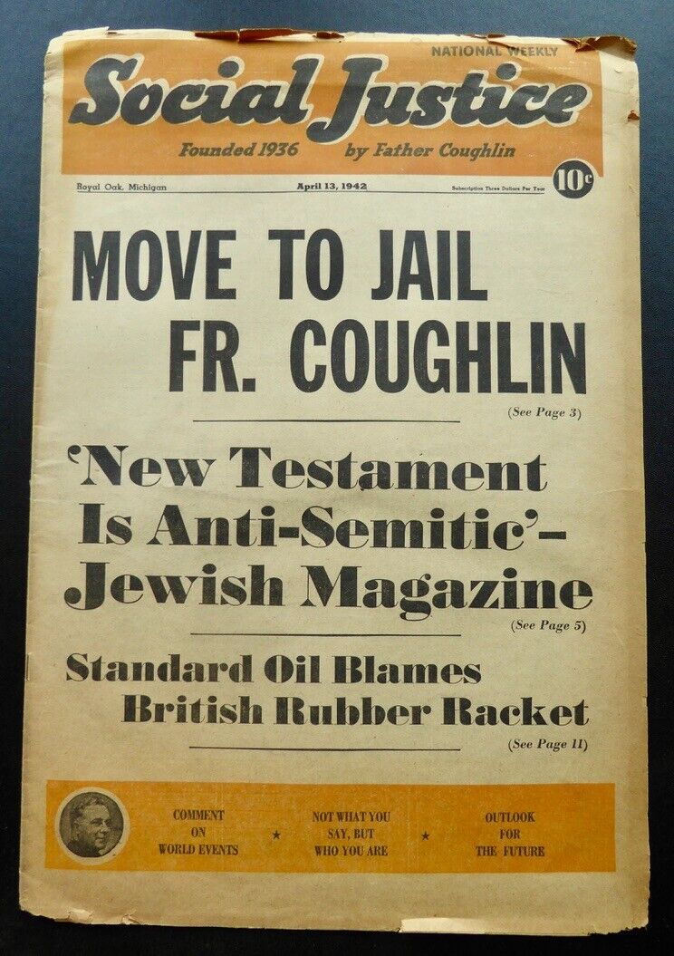 Social Justice National Weekly by Father Coughlin April, 13 1942 Magazine Jewish